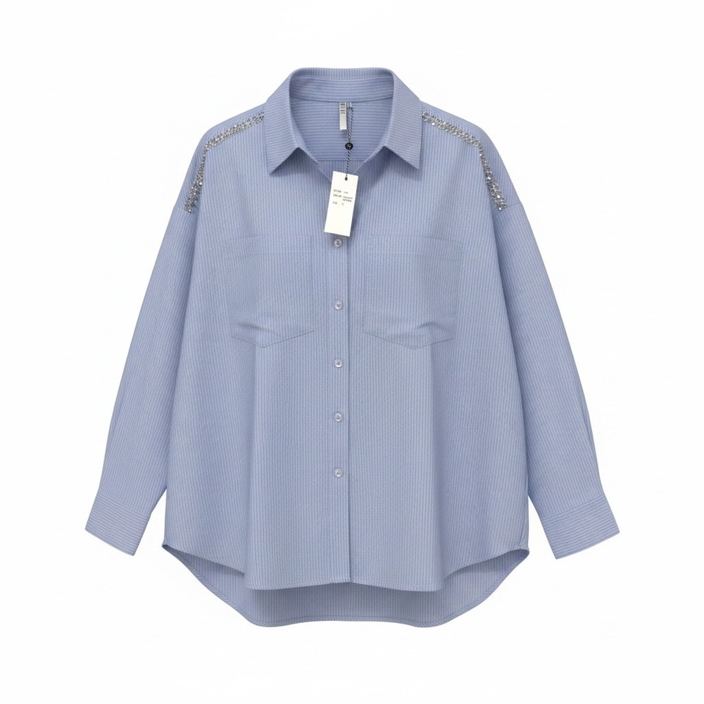 Kaktus oversized‎ popline button Shirt sz L Blue Pinstripe Beaded preppy 90s